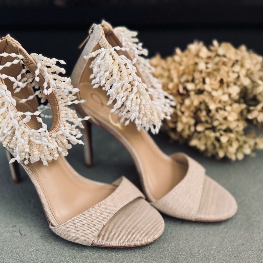 Sam Edelman Gillie Sand Linen Womens Open Stiletto Heels Beaded ankle Strap 6